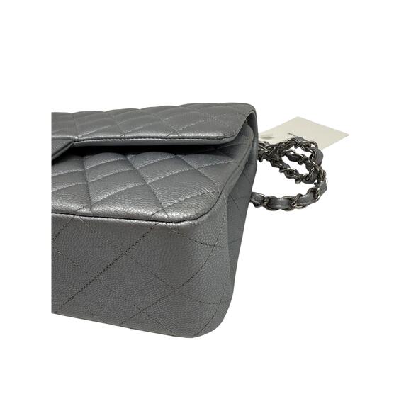Chanel Leather Quilted Classic Double Flap CC Logo Medium Crossbody Bag Silver - Picture 11 of 16